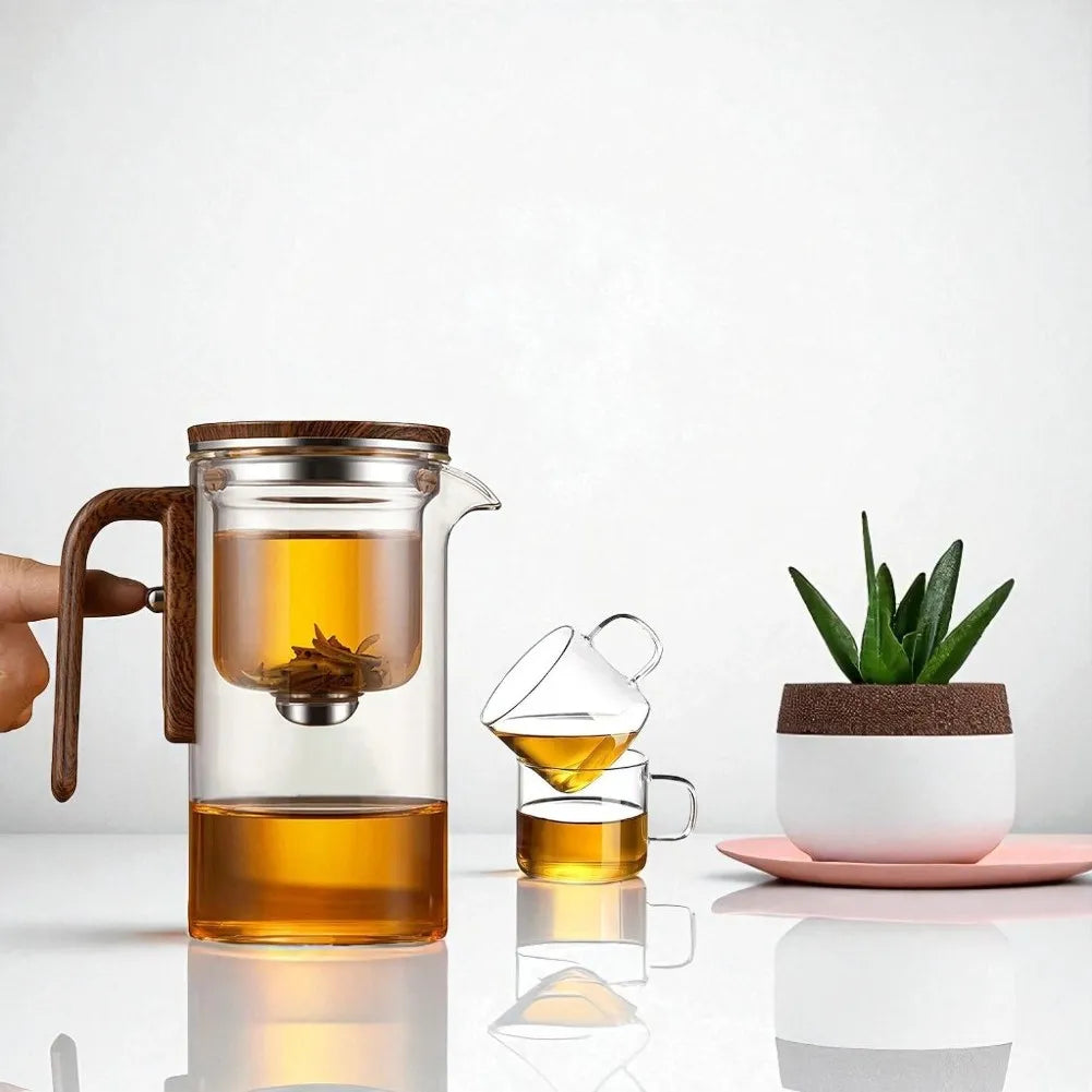Théière en verre 600ML avec filtration et manche en bois