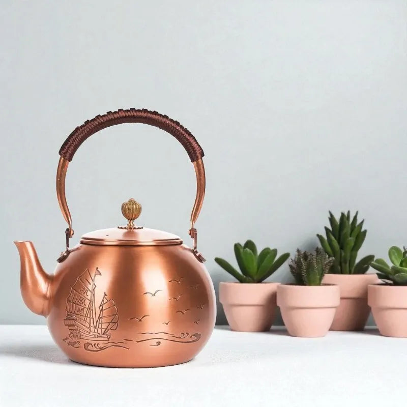 Théière en cuivre antique 1,5L – Motif bateau, bouilloire santé