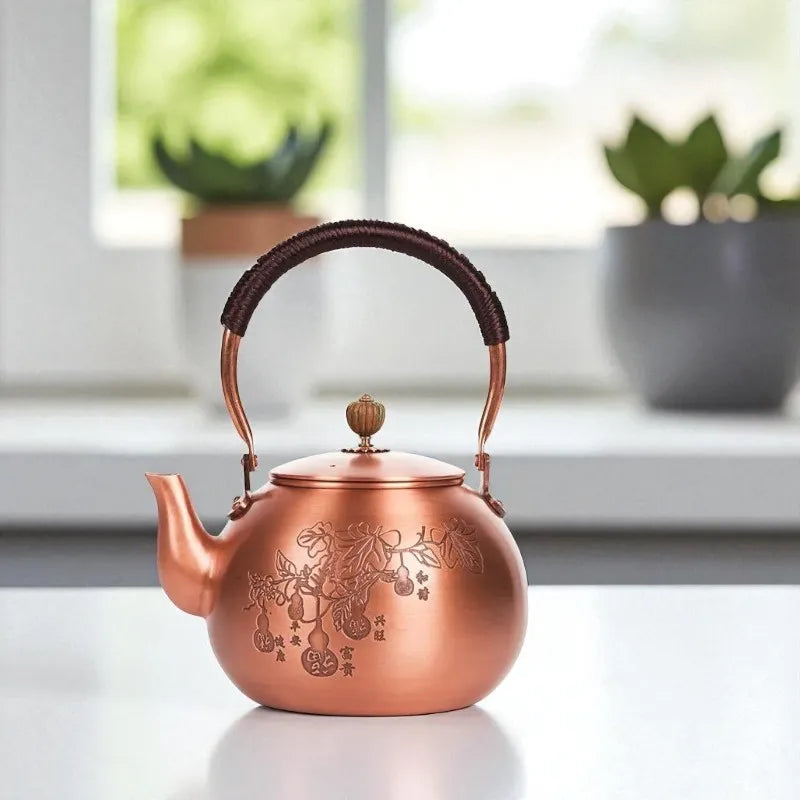 Théière en cuivre antique 1,5L – Motif fruits, bouilloire santé