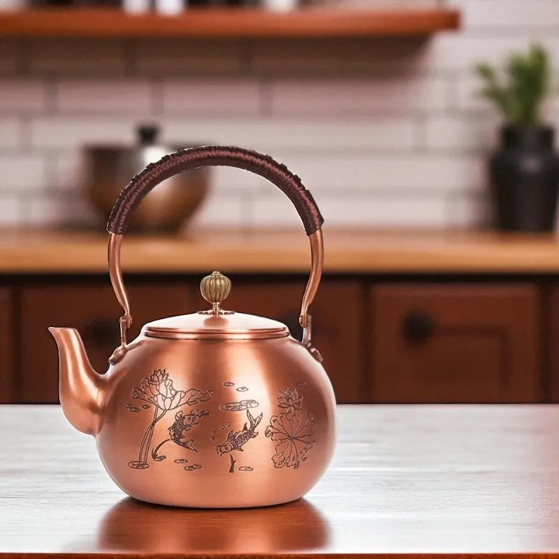 Théière en cuivre antique 1,5L – Motif poissons, bouilloire santé