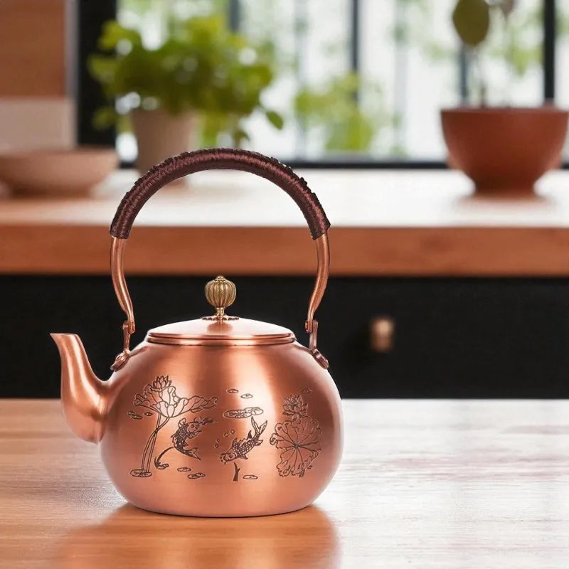 Théière en cuivre antique 1,5L – Motif poissons, bouilloire santé