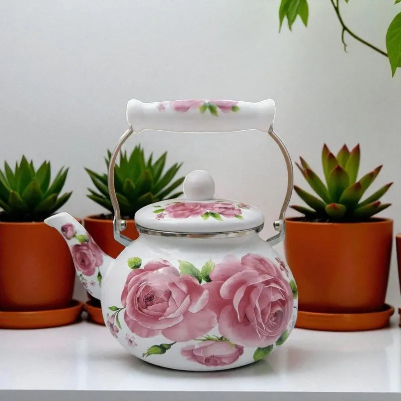 Théière en porcelaine 2,5L – Motif fleurs avec rose, gaz et induction