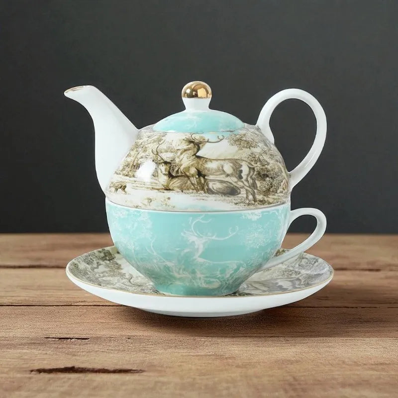 Théière en porcelaine bleu clair 250ML avec tasse – Idéale en cadeau