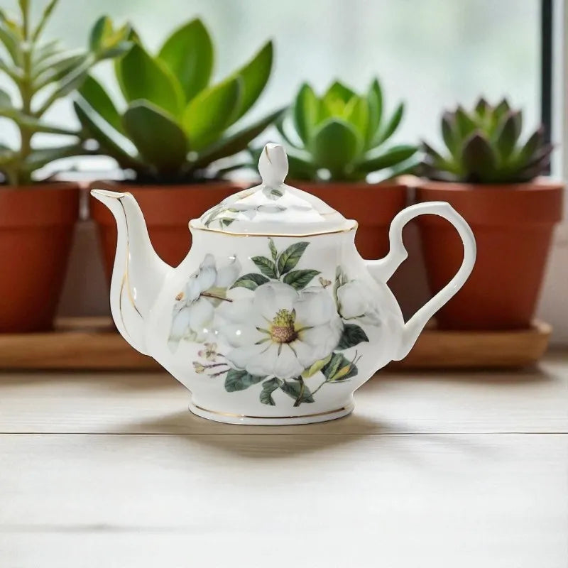 Théière en porcelaine fleurs blanches 800ML – Avec filtre