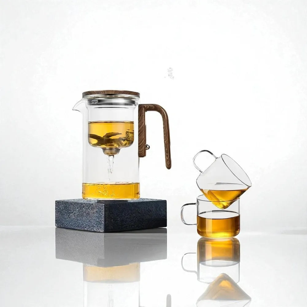 Théière en verre 600ML avec filtration et manche en bois