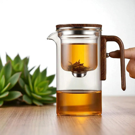 Théière en verre 600ML avec filtration et manche en bois