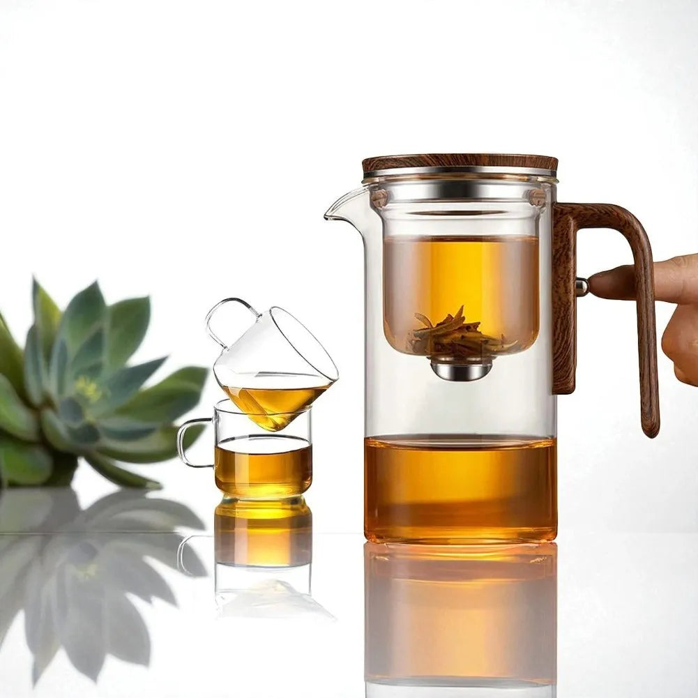 Théière en verre 600ML avec filtration et manche en bois