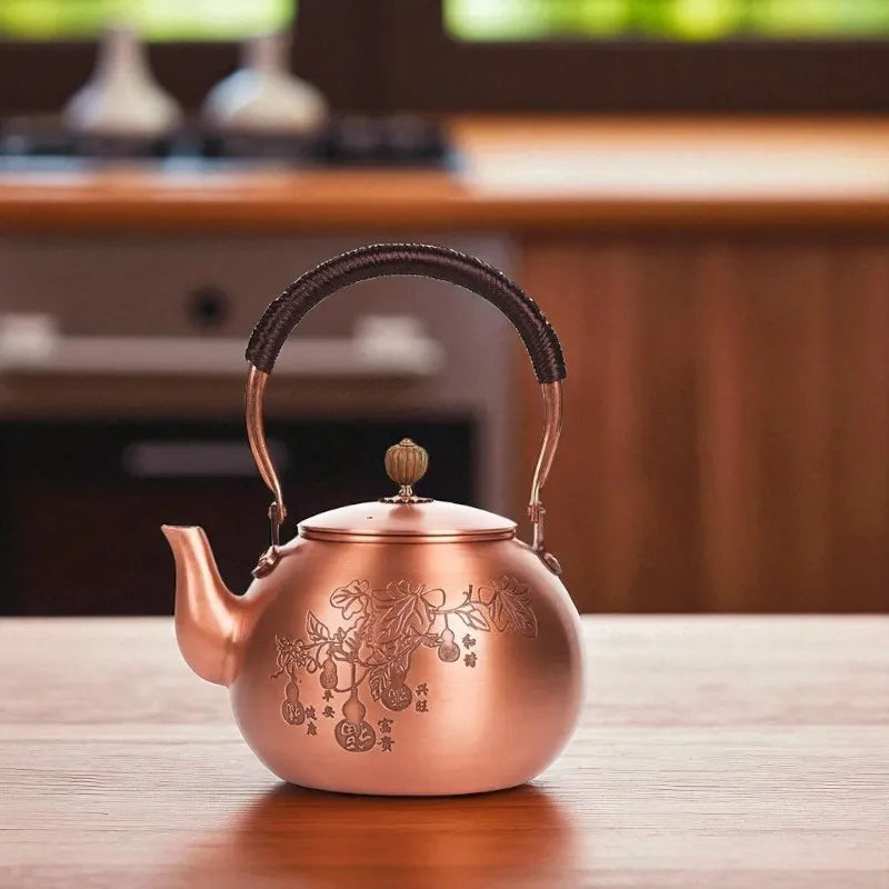 Théière en cuivre antique 1,5L – Motif fruits, bouilloire santé