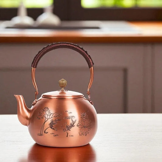 Théière en cuivre antique 1,5L – Motif poissons, bouilloire santé
