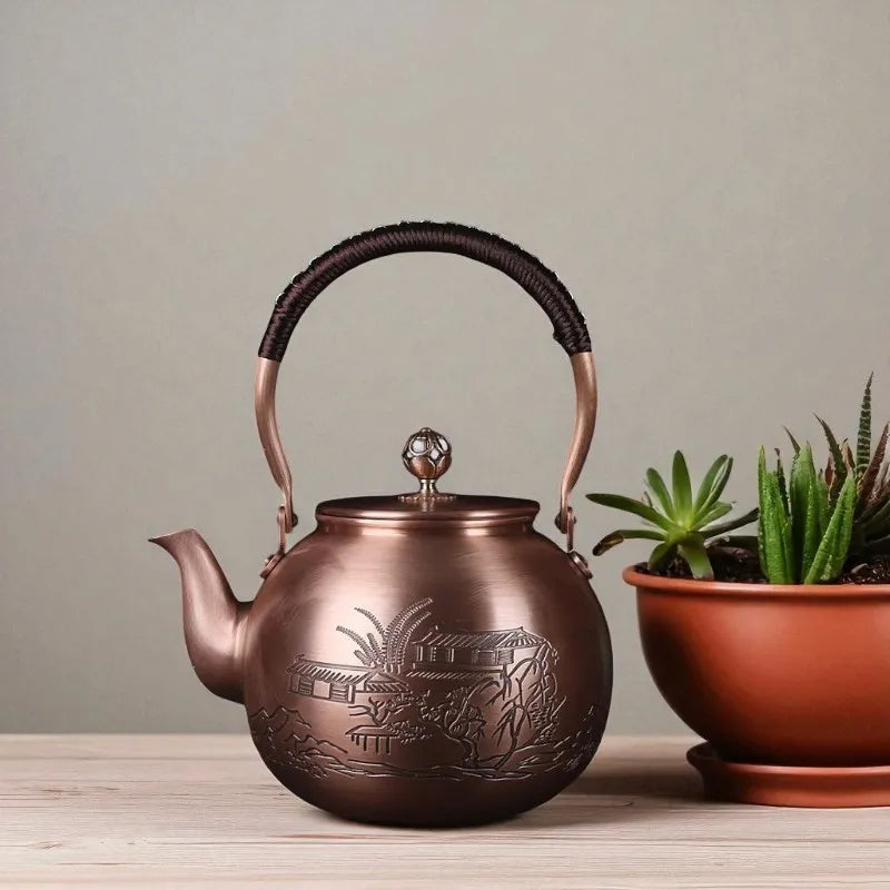 Théière en cuivre violet 1,5L – Motif maisons