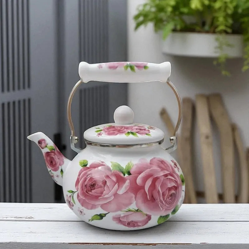 Théière en porcelaine 2,5L – Motif fleurs avec rose, gaz et induction