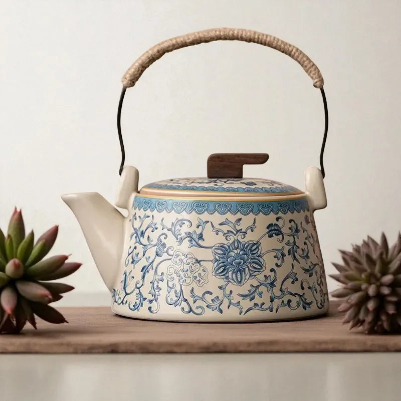Théière en porcelaine bleu et blanc 260ML – Manche céramique, infuseur intégré