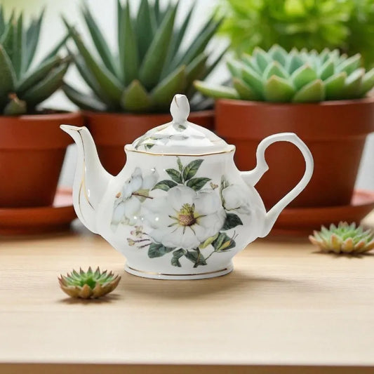 Théière en porcelaine fleurs blanches 800ML – Avec filtre