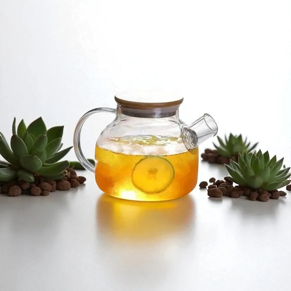 Théière en verre avec couvercle en bambou et filtre amovible - 1L