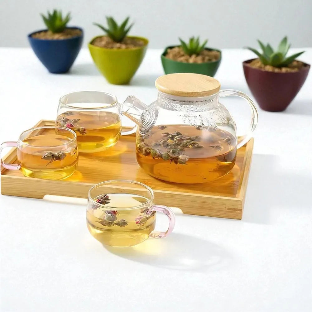 Théière en verre avec couvercle en bambou et filtre amovible - 1L