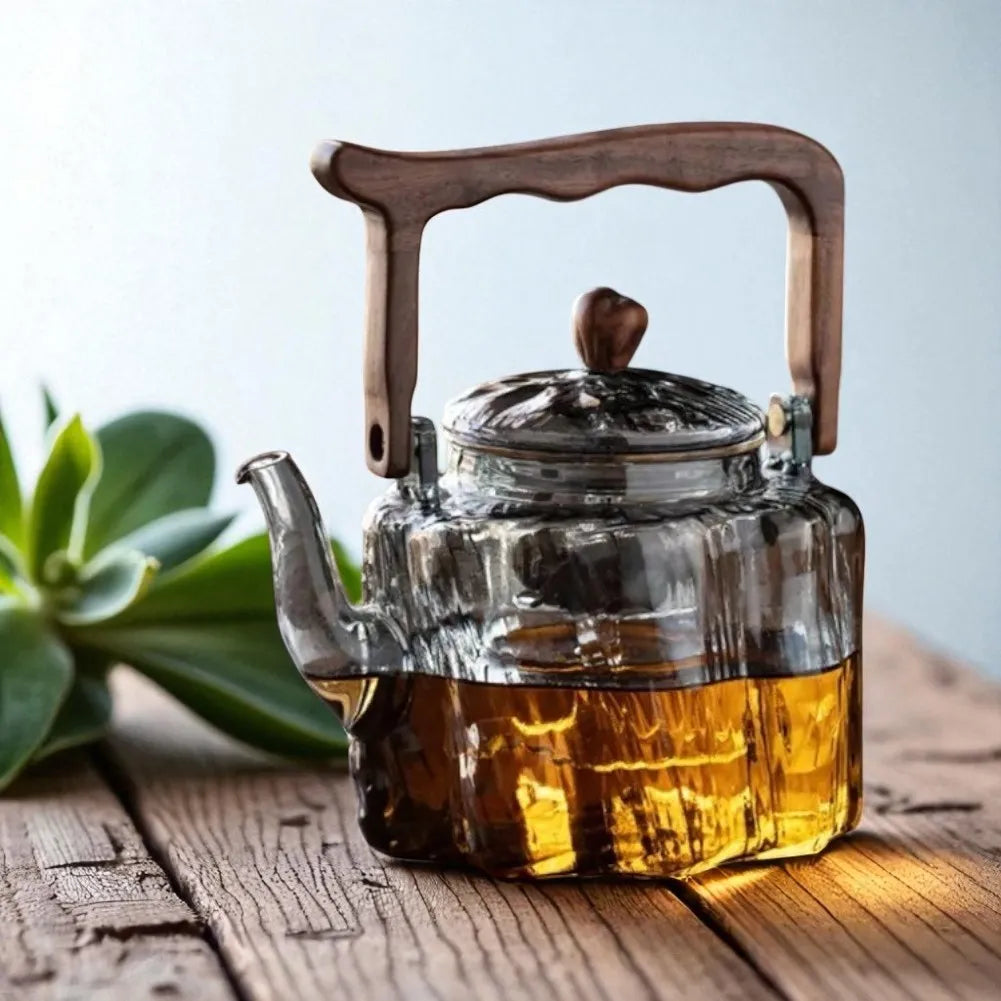 Théière en verre avec faisceau en bois 1,3L