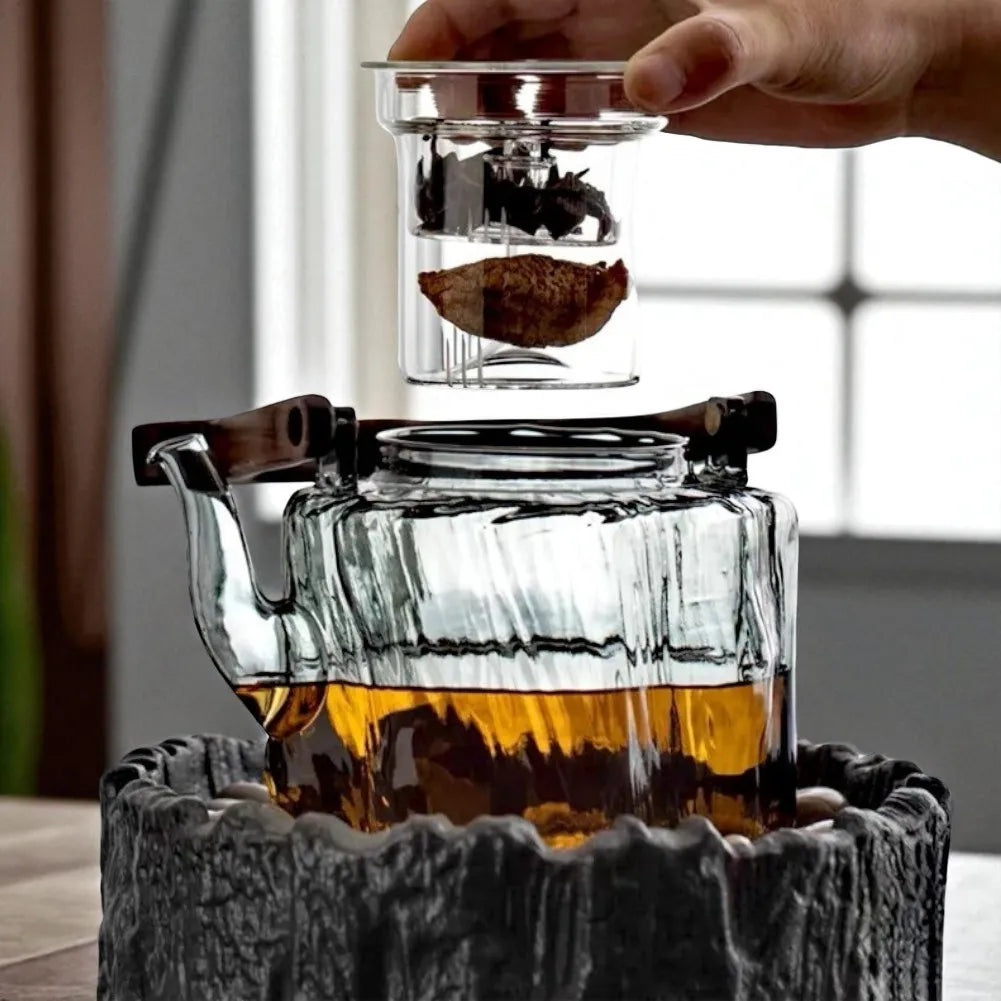 Théière en verre avec faisceau en bois 1,3L