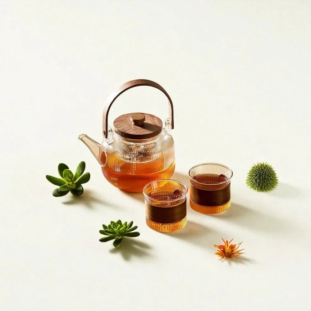 Théière en verre avec manche et couvercle en bois et filtre en acier 1L