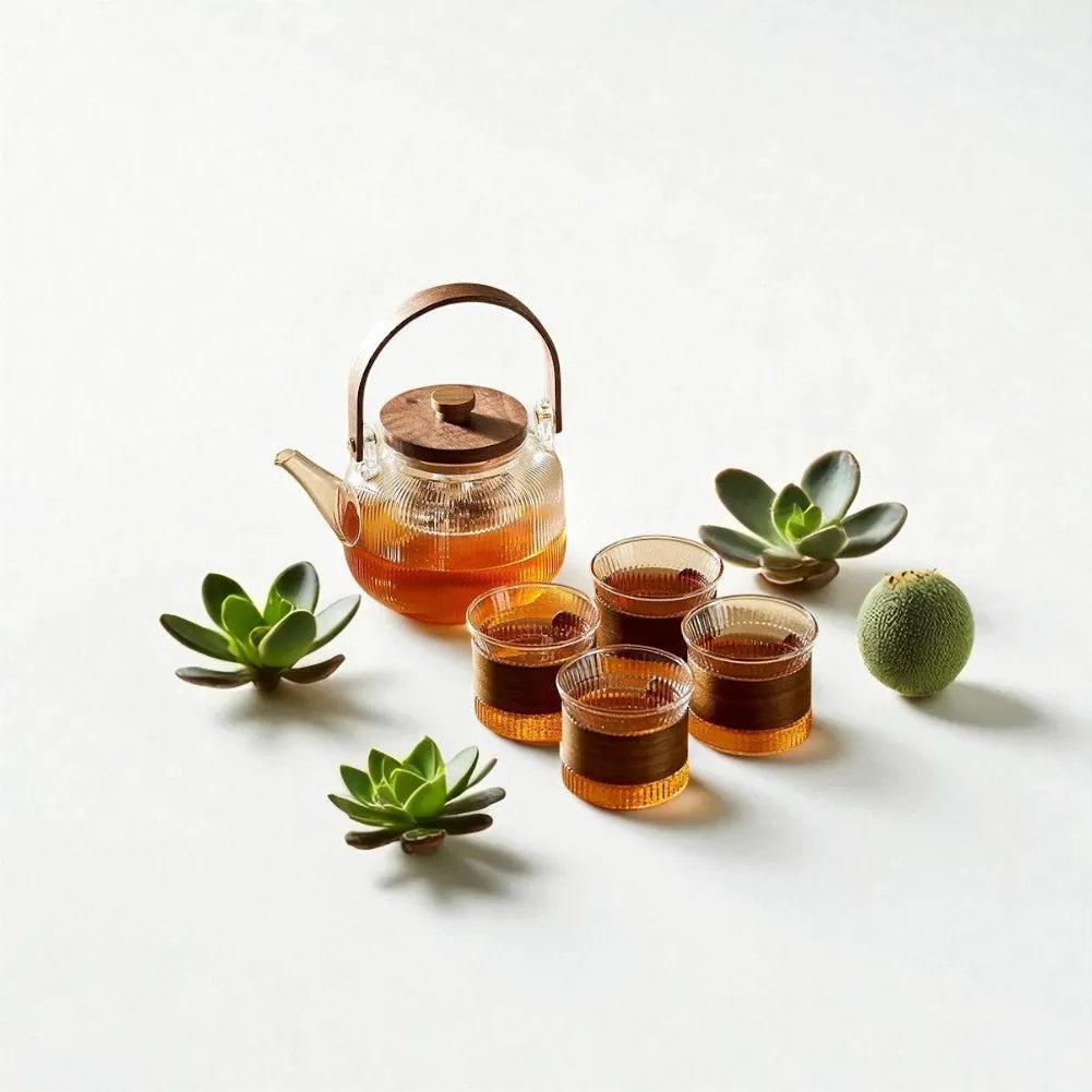 Théière en verre avec manche et couvercle en bois et filtre en acier 1L