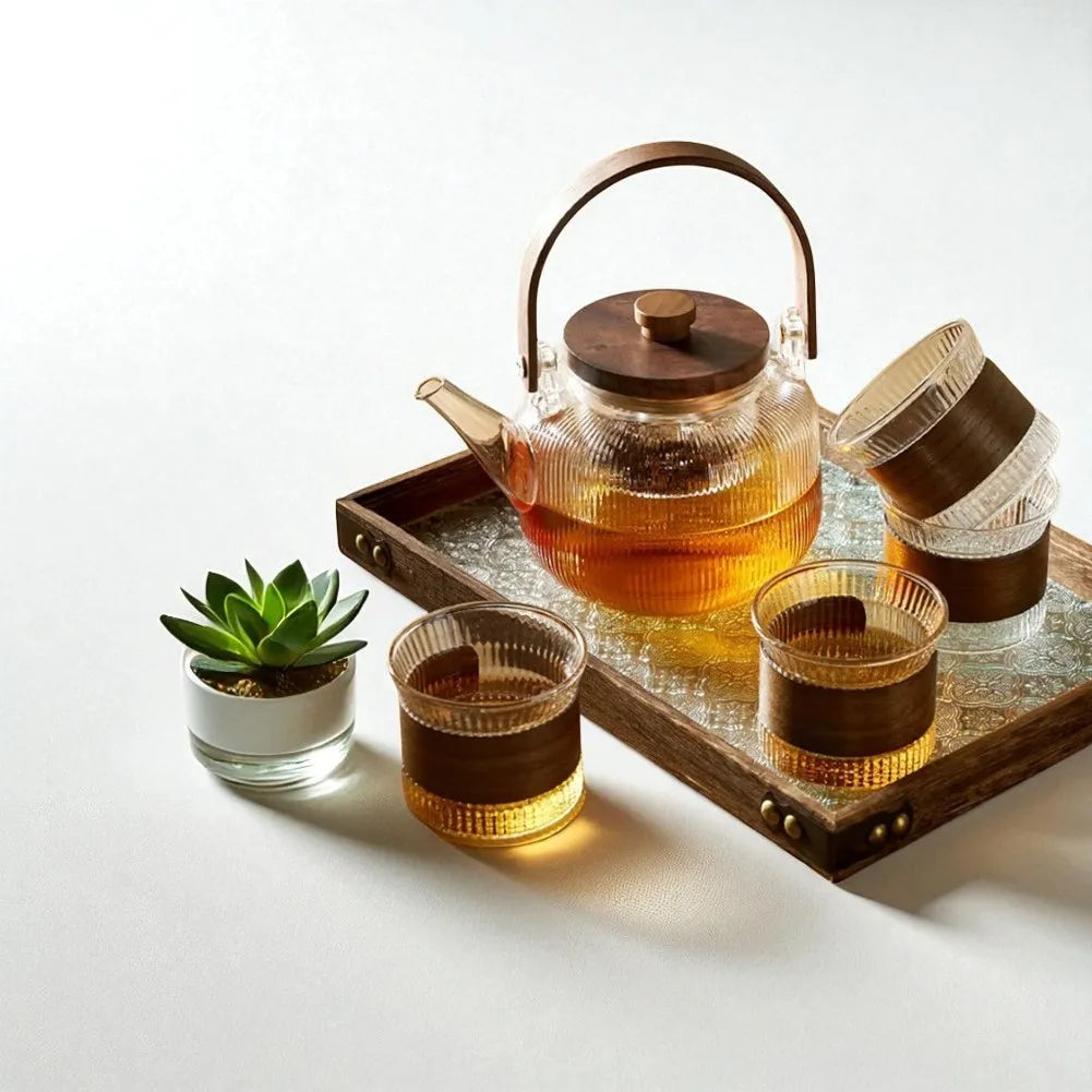 Théière en verre avec manche et couvercle en bois et filtre en acier 1L