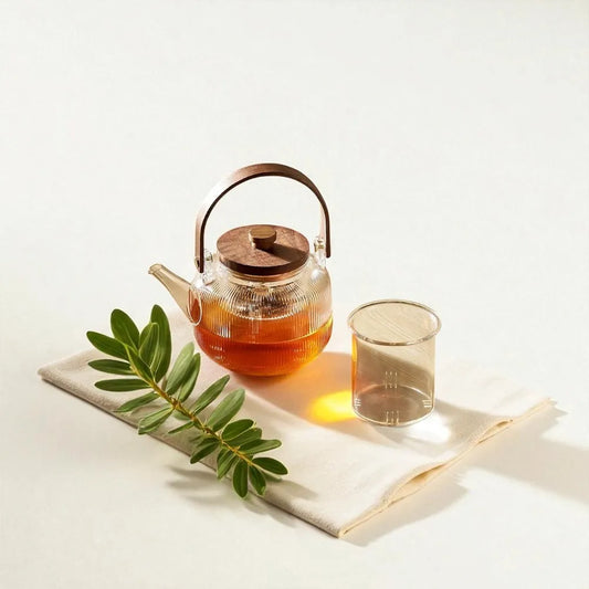 Théière en verre avec manche et couvercle en bois et filtre en acier 1L