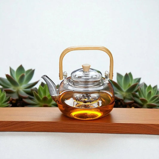 Théière en verre borosilicate 1L avec filtre et manche en bois