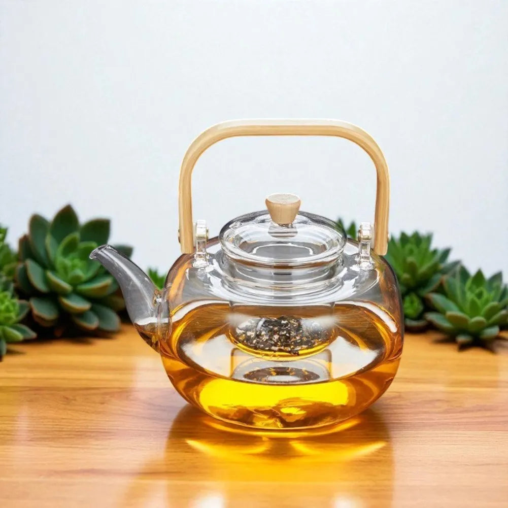 Théière en verre borosilicate 1L avec filtre et manche en bois