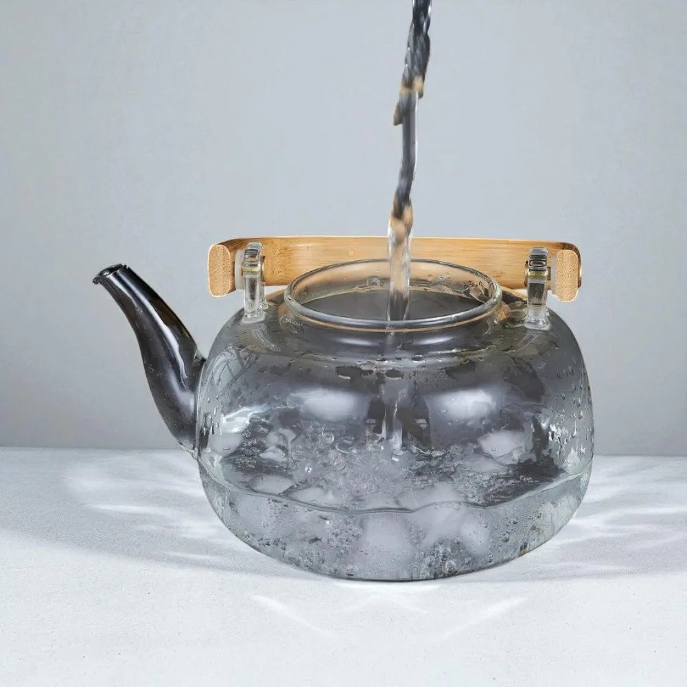 Théière en verre borosilicate 1L avec filtre et manche en bois