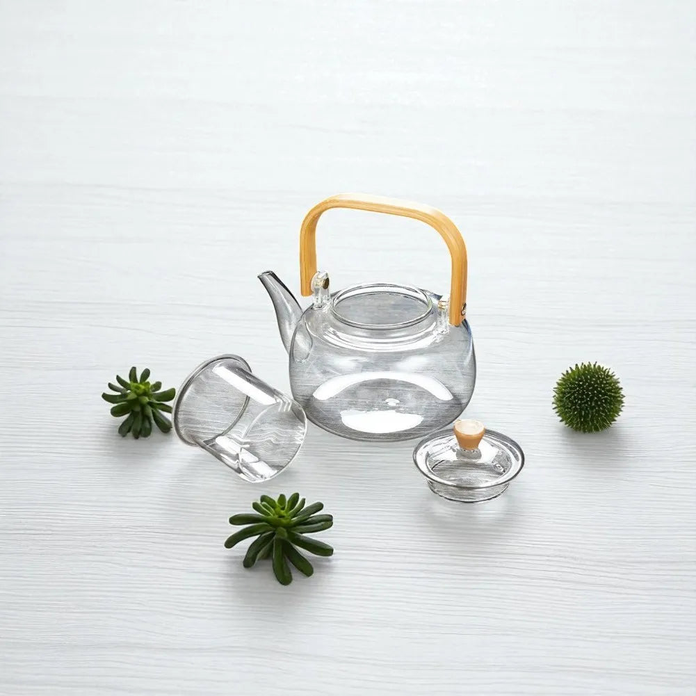 Théière en verre borosilicate 1L avec filtre et manche en bois